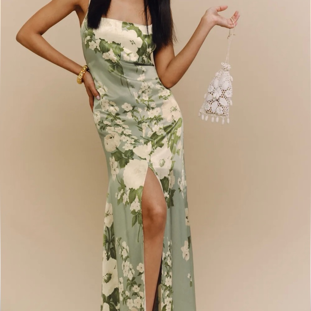 Reformation Selah Tarragon Green Floral Silk Satin Maxi Dress Slit Size 6